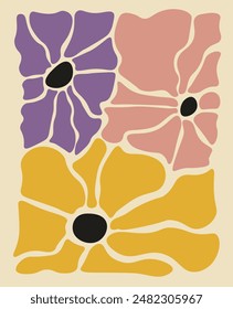Trendy Abstract Retro Funky Flowers Wallpaper Poster Natural Orange Purple Pink Peachy Vector Design