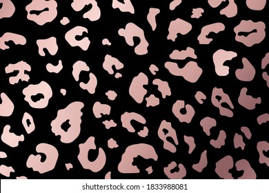 Trendy abstract rose gold leopard background. Wild animal cheetah skin metallic pink texture on black background for fashion print design, cover, wallpaper, flyer, social media. Vector illustration.