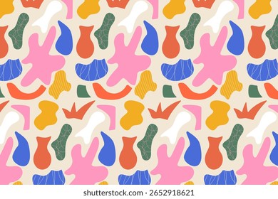Trendy abstract seamless pattern with bold hand-drawn organic shapes in retro colors. Playful Memphis-inspired background for fashion, branding, textile, and creative projects
