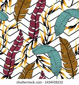 Trendy abstract seamless pattern with colorful tropical leaves and plants on a white background. Vector design. Jungle print. Floral background. Printing and textiles. Exotic tropics. Summer design.