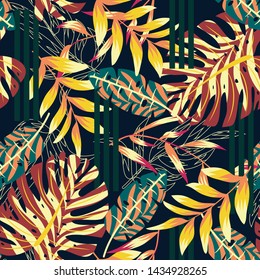 Trendy abstract seamless pattern with colorful tropical leaves and flowers on a green background. Vector design. Jungle print. Floral background. Printing and textiles. Exotic tropics. Summer design.