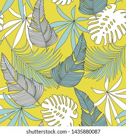 Trendy abstract seamless pattern with colorful tropical leaves and flowers on a gentle background. Vector design. Jungle print. Floral background. Printing and textiles. Exotic tropics. Summer design.