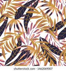 Trendy abstract seamless pattern with colorful tropical leaves and plants on a white background. Vector design. Jungle print. Floral background. Printing and textiles. Exotic tropics. Summer design.