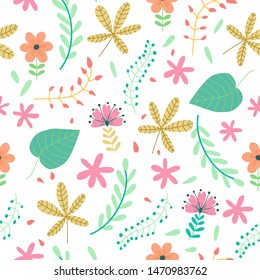 Trendy abstract seamless pattern with flowers and leaves isolated for decorative design. Simple graphic print. Green background. Vector retro illustration. Beautiful fashion art.