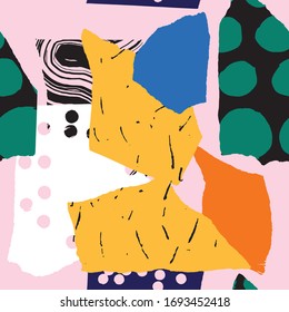 Trendy abstract seamless pattern of geometric shapes. Abstract modern trendy vector illustration. Colorful bright background. Hand-drawn vector. Cut out pattern abstract collage.  