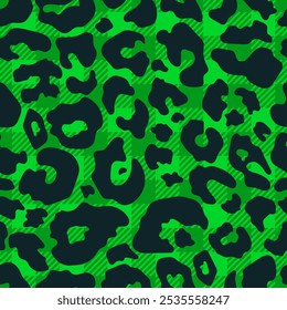 Trendy abstract seamless pattern. Green Buffalo Plaid background with black leopard spot texture. Vector checkered plaid and cheetah skin print for fashion design, fabric, wrapping, Christmas decor.