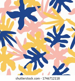 Trendy abstract seamless pattern on white background. Hand drawn floral shapes illustration. Trendy colours. Blue, yellow, pink. Interweaving of tropical plants.