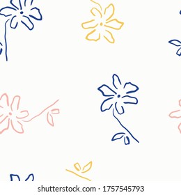 Trendy abstract seamless pattern on white background. Hand drawn simple flower illustration. Trendy colours. Blue, yellow, pink. 