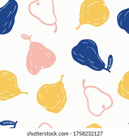 Trendy abstract seamless pattern on white background. Hand drawn pears shapes illustration. Doodle style. Trendy colours. Blue, yellow, pink. 