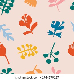Trendy abstract seamless pattern on gentle pink background. Hand drawn floral shapes illustration. Trendy colours. Blue, yellow, pink, green, orange, red.