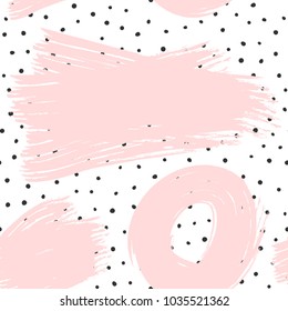 Trendy abstract seamless pattern with polka dots and brush strokes. Drawn by hand. Sketch, watercolour, grunge, paint. Modern vector illustration.