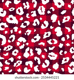Padrão moderno abstrato sem emenda. Fundo de Red Buffalo Plaid com textura de mancha leopardo branco. Vetor xadrez xadrez e pele de chita animal impressão para moda, tecido, envoltório, decoração de Natal.
