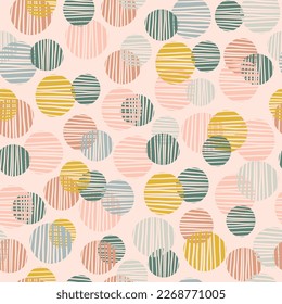 Trendy abstract seamless pattern with rounds in stripes in minimalism style. Vector illustration of dots on a pink background. For cards, design, print, textile, wallpaper