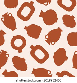 Trendy abstract seamless pattern with silhouette geometric pots and vases  on pastel background. Vector illustration in boho style	