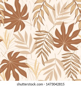 Trendy abstract seamless pattern with tropical leaves and bright flowers on a beige background. The seal of the jungle. Vector design. On a floral background. Textiles and printing. Exotic, tropical.