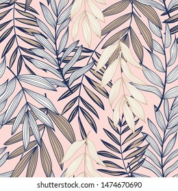 Trendy abstract seamless pattern with tropical leaves and bright flowers on a pastel background. Print of the jungle. Vector design. On a floral background. Textiles and printing. Exotic, tropical.