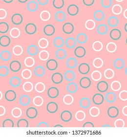 Trendy abstract seamless pattern with white, blue, green circles on a coral background. Seamless vector texture. Design for fabric, paper, packaging.