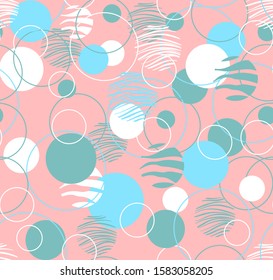 Trendy abstract seamless pattern with white, blue, green circles on a coral background. Seamless vector texture. Design for fabric, paper, packaging.