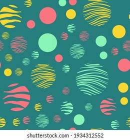 Trendy abstract seamless pattern with white, blue, green circles on a coral background. Seamless vector texture. Design for fabric, paper, packaging.