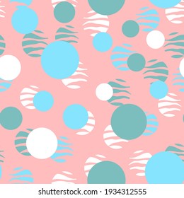 Trendy abstract seamless pattern with white, blue, green circles on a coral background. Seamless vector texture. Design for fabric, paper, packaging.