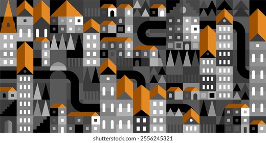 Trendy Abstract Seamless Vector Bauhaus Geometric City Pattern Design Background Template