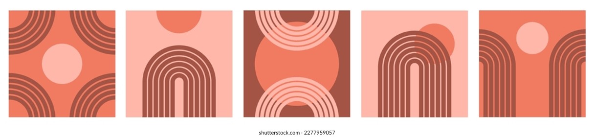 Trendy abstract set aesthetic backgrounds with sun and rainbow. Mid century wall decor in style 60s, 70s. Retro vector design for social media, blog post, template, interior design