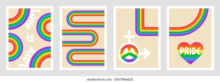 Trendy abstract set aesthetic backgrounds set in Pride parade colors. Retro groove poster vector design for social media post, banner template. Mid century wall decor in 60s, 70s, Y2k style