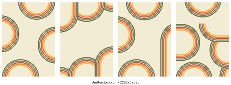 Trendy abstrakter Satz mit Regenbogen. Poster, Design, Hintergrund, im Stil der 60er, 70er Jahre. Design für soziale Medien, Blog-Post, Vorlage, Interieur, Web-Design.