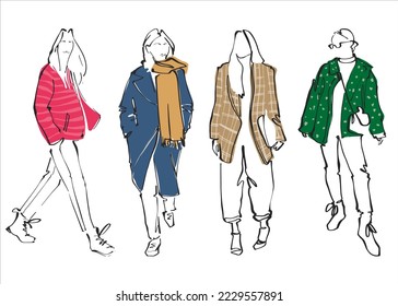 Trendy abstract set with street fashion. Vector art illustration of young fashionistas. Banner design. Illustration in line art style. Street style image.