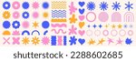 Trendy abstract shapes. Flower, star, wave, heart, circle, spiral. Retro groovy aesthetic. Modern 90s - 2000s style. Elements for posters design, stickers. Vector illustration.