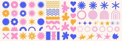 Trendy Abstract Shapes. Flower, Star, Wave, Heart, Circle, Spiral. Retro Groovy Aesthetic. Modern 90s - 2000s Style. Elements For Posters Design, Stickers. Vector Illustration.