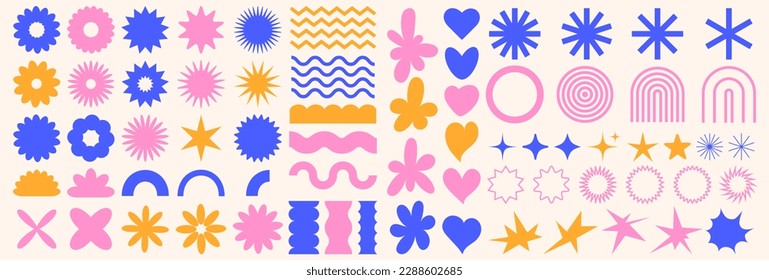 Trendy abstract shapes. Flower, star, wave, heart, circle, spiral. Retro groovy aesthetic. Modern 90s - 2000s style. Elements for posters design, stickers. Vector illustration.
