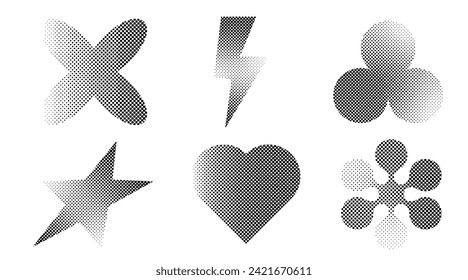 Formas abstractas de moda. Conjunto de puntos de semitono de diferentes formas aislados en un fondo blanco. Colección de semitono vectorial. Estilo moderno de los años 90-2000.