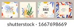 Trendy abstract square art templates with floral and geometric elements. Suitable for social media posts, mobile apps, banners design and web/internet ads. Vector fashion backgrounds.