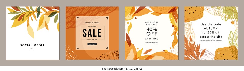 Trendy abstract square art templates with floral and geometric elements. Suitable for social media posts, mobile apps, banners design and web/internet ads. Vector fashion backgrounds. 