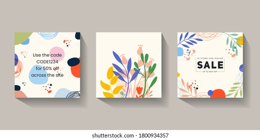 Trendy abstract square art templates with floral and geometric elements. Suitable for social media posts, mobile apps, banners design and web/internet ads. Vector fashion backgrounds.