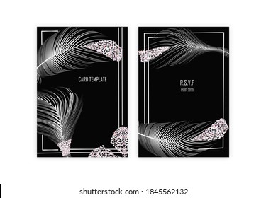 Trendy abstract square art templates of feathers and glitter. Suitable for social media posts, mobile apps, banners design and internet ads. Graphic gold brochure.Luxury vector illustration.
