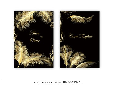 Trendy abstract square art templates of gold  feathers and glitter. Suitable for social media posts, mobile apps, banners design and internet ads. Graphic gold brochure.Luxury vector illustration.
