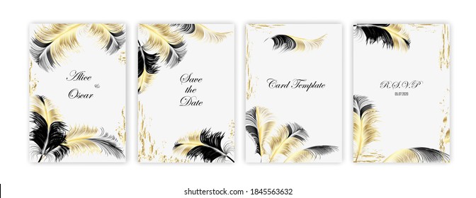 Trendy abstract square art templates of  gold feathers and glitter. Suitable for social media posts, mobile apps, banners design and internet ads. Graphic gold brochure.Luxury vector illustration.
