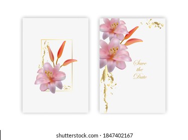Plantillas de arte cuadrado abstracto de moda de lilio y hojas verdes. Adecuado para publicaciones en medios sociales, aplicaciones móviles, diseños de banners y anuncios de Internet. Folleto gráfico de oro.Ilustración vectorial de lujo.
