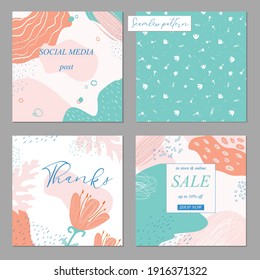 Trendy abstract square art templates and seamless pattern.Good for social media posts, poster, card, invitation, flyer, cover, banner, placard, brochure, internet ads and other graphic design. Vector