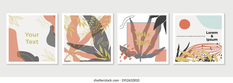 Plantillas de arte cuadrado abstracto de moda con elementos florales y geométricos. Adecuado para publicaciones en medios sociales, aplicaciones móviles, diseños de banners y anuncios web o de internet. Antecedentes de moda vectorial estilo bohemio