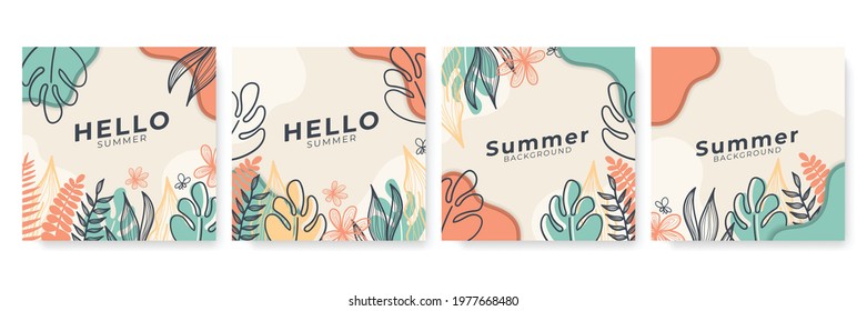 Trendy abstract square art templates with floral and geometric elements. Suitable for social media posts, mobile apps, banners design and web or internet ads. Vector fashion backgrounds. Summer sale