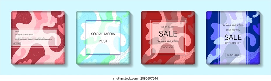 Trendy abstract square art templates with colorful geometric elements. Suitable for social media posts, mobile apps, banners and online ads, stories backgrounds. Vector fashion backgrounds.