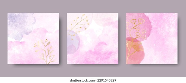 Plantillas de arte cuadrado abstracto de moda con acuarela, flor y elementos dorados para tarjetas de felicitación, portada de medios sociales
