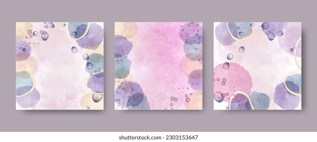 Trendy abstract square art templates with watercolor, gold elements for greeting card, social media cover