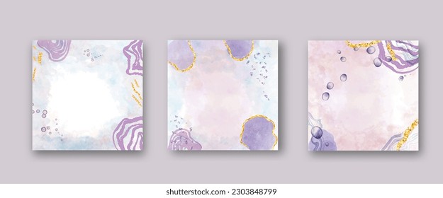 Trendy abstract square art templates with watercolor, gold elements for greeting card, social media cover
