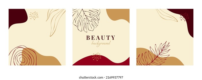 Trendy abstract square background for social media posts. Background with tropical leaves for beauty salon