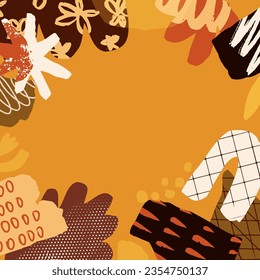 Trendy abstract square template with doodle scribble shapes in collage art style. Creative background in autumn colors for social media post, banner, web ads, cover. Flat vector illustration