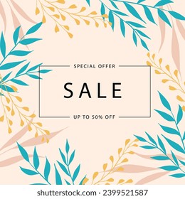Trendy abstract square template with silhouettes of branches and leaves. Suitable for social media posts, mobile apps, banner design and online advertising. Vector fashion background